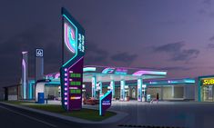 an artist's rendering of a gas station at night with neon lights and signage