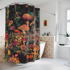 a shower curtain with mushrooms and flowers on it