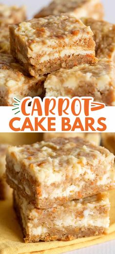 carrot cake bars stacked on top of each other with the words carrot cake bars above them