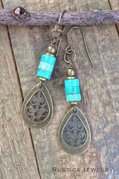 Natural turquoise and antiqued brass teardrop dangle earrings. Bohemian Teardrop Earrings With Ear Wire, Bohemian Brass Teardrop Earrings With Ear Wire, Bohemian Turquoise Teardrop Earrings For Jewelry Making, Handmade Bohemian Turquoise Teardrop Earrings, Bohemian Bronze Teardrop Dangle Earrings, Bronze Bohemian Teardrop Dangle Earrings, Bohemian Turquoise Teardrop Earrings, Bohemian Copper Teardrop Earrings, Bohemian Brass Teardrop Earrings