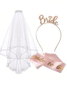 a bridal veil and headband with the word bride written on it next to a pink ribbon