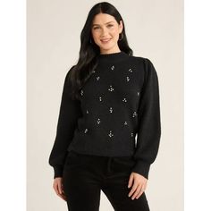 A luxe look whether youre headed to a holiday party or a special night out. Pull out all the stops with Free Assemblys Beaded Sweater. A classic with a pop of excitement, this uber-soft sweater features a ribbed texture thats dotted with clusters of pearlescent beads and rhinestones. The long puff sleeves add an updated vibe and the incredible softness makes this simply fabulous. Only at Walmart. Size: XXXL.  Color: Black.  Gender: female.  Age Group: adult. Beaded Sweater, Womens Crewneck, Soft Sweater, Ribbed Texture, Long Puff Sleeves, Softest Sweater, Tunic Sweater, Long Sleeve Cardigan, Sweater Fashion