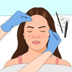 a woman with her eyes closed and hands on her head, while she is getting an acne treatment