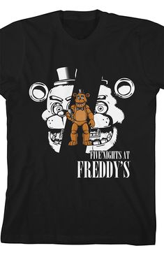 online only! celebrate the popular survival game with this five nights at freddy's tee. the shirt features a white image of freddy's face split in half while a full color freddy fazbear stands in the center holding a microphone. the tee comes in a black short sleeve crew neck and makes a great gift for fans of the video games. bring it home to your young gamer today.   Solid color tee Short sleeves Crew neckline Front graphic Regular fit Machine washable Sai Baba Hd Wallpaper, Fnaf Freddy, Animatronic Fnaf, Survival Games, Haikyuu Characters, White Image