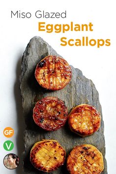 the cover of miso glazed eggplant scallops on a slate slab