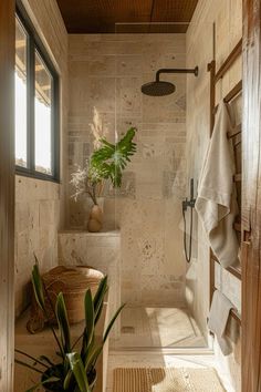 a bath room with a toilet a shower and a plant