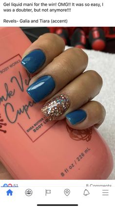 Fall Nails Teal And Gold, Fall Blue Dip Nails, Deep Teal Nails Fall, Okc Thunder Nails, November Blue Nails, Burnt Orange And Navy Nails, Sedona Nails, Late Summer Nails Color Dip, Short Nail Designs Fall 2022