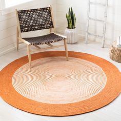 a chair sitting on top of a rug next to a potted plant in a room