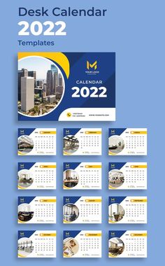 the desk calendar is shown in blue and yellow with images of skyscrapers on it