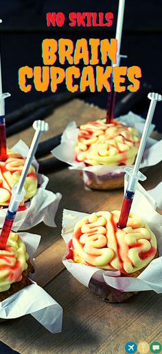 there are some cupcakes that have been made to look like the words brain cupcakes