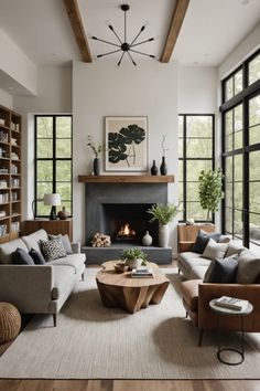 a living room filled with furniture and a fire place in the middle of a room