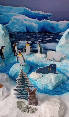 penguins, polar bears and other animals are on an ice floese with snow