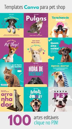 an advertisement with dogs and cats in different colors, including the words pet shop on it