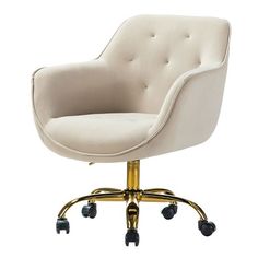 an office chair with wheels and a beige upholstered seat, viewed from the front