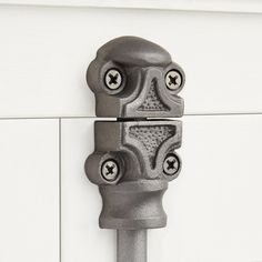 a close up of a door handle on a white cabinet