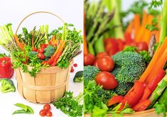 a basket filled with lots of different types of vegetables next to tomatoes and broccoli