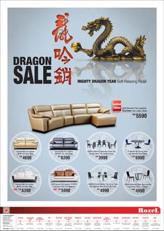 the flyer for dragon sale is shown in red, white and blue colors with an image of