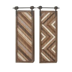 two wooden wall hangings with metal handles