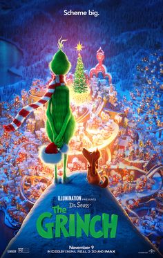 the grin movie poster with an elf standing on top of a hill in front of a christmas