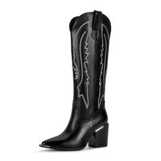 PRICES MAY VARY. SIZE: Black cowboy boots for women wide calf is 8cm/3.15 inches. For more size details, please refer to the size introduction in the pictures and details. DESIGN : The fashionable knee high cowboy boots for women feature unique Western embroidery and pointed design, restoring the classic style of denim boots. Our cowboy boots for women with metal toe have added a metal design on the toe, perfectly blending classic and fashionable elements to attract attention from others.The whi Western Style Fitted Platform Boots With Round Toe, Pointed Toe Knee-high Boots For Western-themed Fall Events, Winter Wide Calf Heeled Boots For Rodeo, Winter Rodeo Heeled Boots, Western Faux Leather Boots, Western Faux Leather Boots For Fall, Western Style Heeled Boots For Winter Events, Wide Calf Boots For Rodeo In Winter, Heeled Boots For Western-themed Winter Events