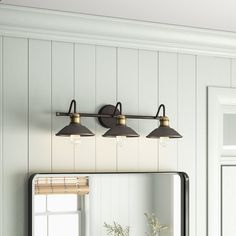 a bathroom vanity with three lights and a mirror