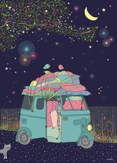 an image of a van with luggage on the roof and stars in the sky above it