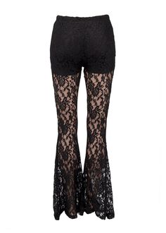 You're a vision in lace in these stunning pants! The sheer bell bottom pants are made out of gorgeous black lace and offer alluring flashes of skin. The top part is lined with shorts and has an elastic waist. Flirty flare features a slender fit through hip and thigh with a dramatic flared leg for some retro appeal. Easy pull-on style. Available in sizes S, M, and L. Made out of 90% nylon and 10% spandex and 100% polyester (contrast). For a chic edge to a classic silhouette, these pants are perfe Lace Flare Pants For Party, Black Bottoms With Lace Trim For Night Out, Lace Flare Bottoms For Party, Flare Lace Bottoms For Party, Black Lace High Waist Bottoms, Chic Lace Bottoms For Evening, Chic Lace Evening Bottoms, Party Bottoms With Lace Trim And Stretch, Glamorous Black Flare Bottoms