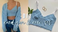 two pictures with the words diy cardigan and jean set on them, next to an image of a woman's bra