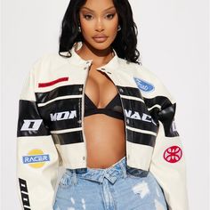 Brand New Racer Cropped Jacket Embroidery Placement, Cropped Faux Leather Jacket, Jodie Joe, Jacket Outfit Women, Racer Jacket, Fashion Nova Outfits, Jacket Outfit, Cropped Jacket, Lookbook Outfits