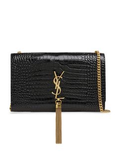 Height: 14.5cm Width: 24cm Depth: 5.5cm. Strap drop: 48cm. Metal chain shoulder strap. Front flap with magnetic snap button closure. Crocodile embossed pattern placement may vary . Front metal logo and tassel Ysl Kate, Ski Accessories, Tassel Bag, Van Cleef Arpels, Saint Laurent Bag, Metal Logo, Metallic Logo, Lady Dior, Hermes Birkin