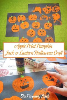 pumpkin jack - o'lantern craft for kids with the title overlay that reads, apple print pumpkin jack - o'lantern craft