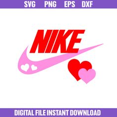 a pink nike logo with hearts on it and the words, digital files instant download