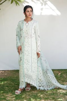 Qalamkar RT-08 Aylin Q Line Lawnkari Collection Designer White Salwar Kameez With Printed Motifs, Elegant White Anarkali Set With Printed Motifs, Designer Pista Green Salwar Kameez With Printed Motifs, Semi-stitched White Unstitched Suit With Naqshi, Elegant Semi-stitched Lawn Suit With Printed Motifs, Elegant Pista Green Traditional Wear With Naqshi, Pista Green Dresses With Printed Motifs For Eid, Semi-stitched Pista Green Kurta With Naqshi Detail, Long Sleeve Traditional Wear With Cutwork For Eid