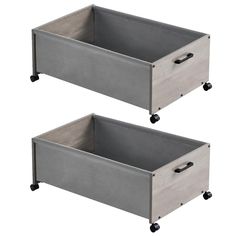 two gray storage bins with wheels on each side, one is open and the other has