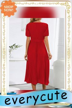 Red Pleated V Neck Tie Waist Puff Sleeve Midi Dress Midi Dress With Sleeves, Neck Tie, Puff Sleeve, Midi Dress, V Neck, Red