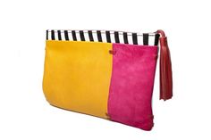 Handmade yellow clutch purse with pink and blue panels. Playful, colorful, embellished with tassel red details and black and white stripes it is perfect match for any occasion and time of a day. Crafted from softest textured leather in diferent color panels is testament to fine leather craftmanship. Choose side of this clutch that will fit your mood better.This beautiful purse is unique and the best gift for her you will ever need. This slim-line piece is detailed with red stitching, red leather Chic Yellow Rectangular Clutch, Trendy Yellow Rectangular Pouch, Chic Multicolor Clutch For Daily Use, Chic Yellow Clutch For Gift, Chic Yellow Clutch As Gift, Chic Yellow Clutch For Daily Use, Chic Yellow Clutch As A Gift, Everyday Multicolor Chic Clutch, Modern Multicolor Rectangular Clutch