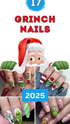 Simple Christmas Nails Short Square, Christmas Designs For Nails, Christmas Grinch Nails, Acrylic And Gel Nails, Nails 2025, Christmas 2025, Different Nail Shapes