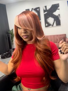 Orange Hair Black Women, Red Wig Install, Exotic Hair Color, Amber Hair, Colored Weave, Glamour Hair, Frontal Wig Hairstyles, Red Wig, Beautiful Black Hair