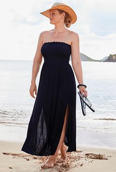 Kelly Black Side Slit Maxi Dress | Swimsuits For All Dress Swimsuit, Bandeau Maxi Dress, Mode Abaya, Strapless Maxi, Swimsuit Dress, Strapless Maxi Dress, Plus Size Swimsuits, Swimsuits For All, Swimwear Cover Ups