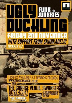 the poster for ugly junkling with support from skannadelic, featuring two men sitting on benches