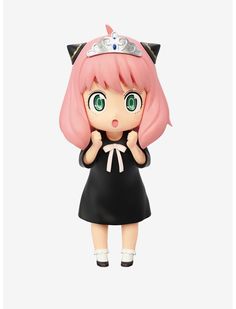 an anime character figurine with pink hair and green eyes, wearing a black dress