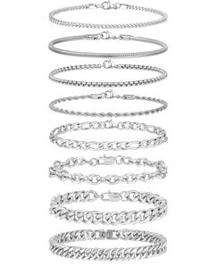 PRICES MAY VARY. BRACELETS SET FOR MEN: One Order include 8Pcs Stainless Steel Bracelets: Rope Chain, Figaro Chain, Paperclip Chain, Snake Chain and 2Pcs Cuban Link Chain Bracelets and etc, you can Wear them Everyday Individually or Stacked Together, Suit All Styles of Clothing IDEAL DIMENSIONS: Choose from 2.5mm, 3mm, 6mm and 8mm Width with 7.5/8.3/9.0 inches, Suit your Personal Style HIGH QUALITY MATERIAL: Made of Stainless Steel with Strong Lobster Clasp, Durable and Solid, High Polished And Bracelets Set, Chain Bracelets, Figaro Chain, Figaro Chains, Unisex Bracelets, Cuban Link Chain, Classic Jewelry, Cuban Chain, Cuban Link