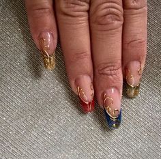 Almond Nails Designs Artsy, Indian Acrylic Nails, Old Fashioned Nails, Summer Nails Maximalist, French Almond Nails Design Glitter, Liquid Gold Nails, Moss Nail Art, Spanish Style Nails, 90s Whimsigoth Nails