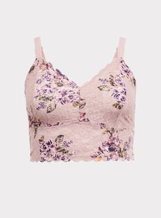 Floral printed soft lace hugs your curves in this comfortable bralette that's meant to peek out of low-cut necklines or semi-sheer tops. Matching style(s): Search 11811862. Wireless cups. Adjustable straps. Mesh lining. Pair with Torrid Bra for optimal support and lift. CONTENT + CARE: Nylon/spandex. Wash cold; dry flat. Imported plus size bra. SIZE + FIT: Model is wearing size 1 with Torrid Push-Up Strapless Bra. The best plus size women's unlined lace crop bralette bras in floral purple made of lace. Torrid is your destination for cozy fall and winter clothes to keep you warm and comfortable. Lace Bra For Spring, Lace Bra With Lace Closure For Spring, Spring Lace Bra With Lace Closure, Feminine Lace Crop Top With Built-in Bra, Summer Low-cut Bra With Lace Trim, Spring Camisole Bra With Delicate Lace, Lace Cami With Lace Closure, Spring Lace Cami Bra, Lace Camisole Crop Top, Bra Friendly