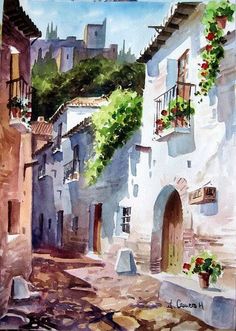 a painting of an alleyway with flowers on the balconies