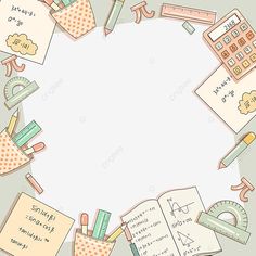 an illustration of school supplies arranged in a circle with copybook, pencils, ruler and calculator