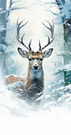 a painting of a deer with antlers standing in the middle of a snowy forest