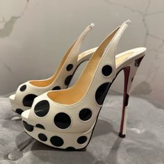 These Are A Brand New Never Work Christian Louboutin Lady Peep Slingback Authentic Shoe. Beautiful Quality Black And White Polka Dot Platform Shoe. Size 37. Guaranteed Authentic. Bought From The Louboutin Boutique. Pet Free Smoke Free Home Designer White Pointed Toe Slingback Pumps, Designer White Slingback Pumps With Heel Strap, White Designer Slingback Pumps With Pointed Toe, Luxury White Slingback Pumps, Designer White Slingback Pumps For Summer, Designer White Slingback Heels, Designer White Slingback Pumps For Evening, Luxury White Slingback Pumps With Open Heel, Luxury White Open Heel Slingback Pumps