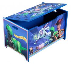 a toy chest with an image of mario and luigi on the front, in blue