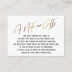 a note on gifts card with gold foil lettering and an image of the words'a note on gifts '